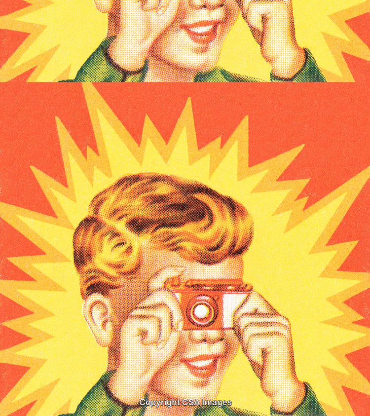 Retro Illustration of a Smiling Boy Taking Pictures with a Vintage Camera