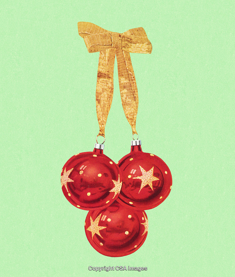 Red Christmas Ornaments With Golden Ribbon on Green Background