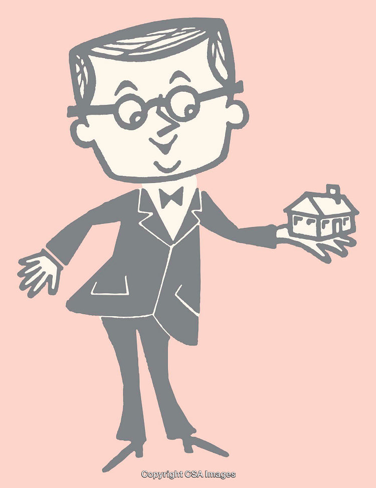 Retro Style Illustration of a Businessman Holding a Small House