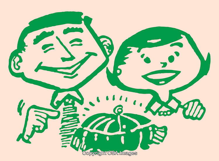 Retro Style Line Art of Smiling Characters and a Covered Dish