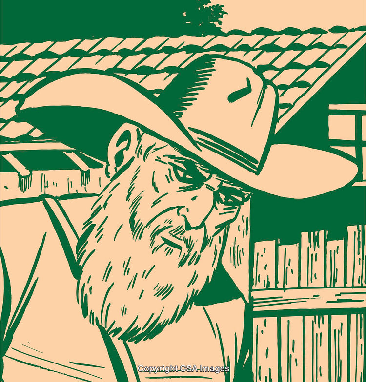 Vintage Cowboy Illustration Featuring Rustic Hat and Rural Farm Setting