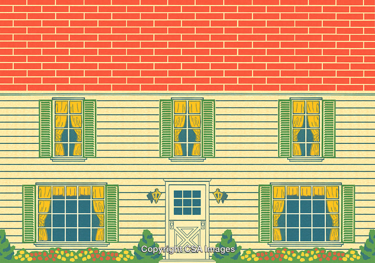 Illustrated Front View of a Cozy House With Shutters and Garden