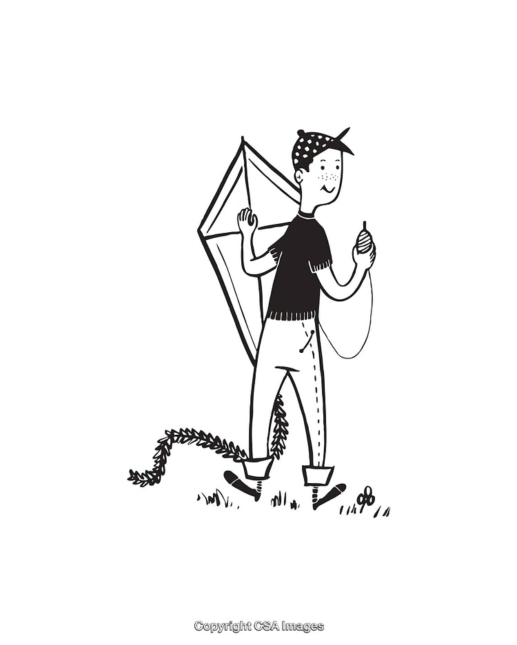 Black and White Line Art Illustration of a Boy Flying a Kite