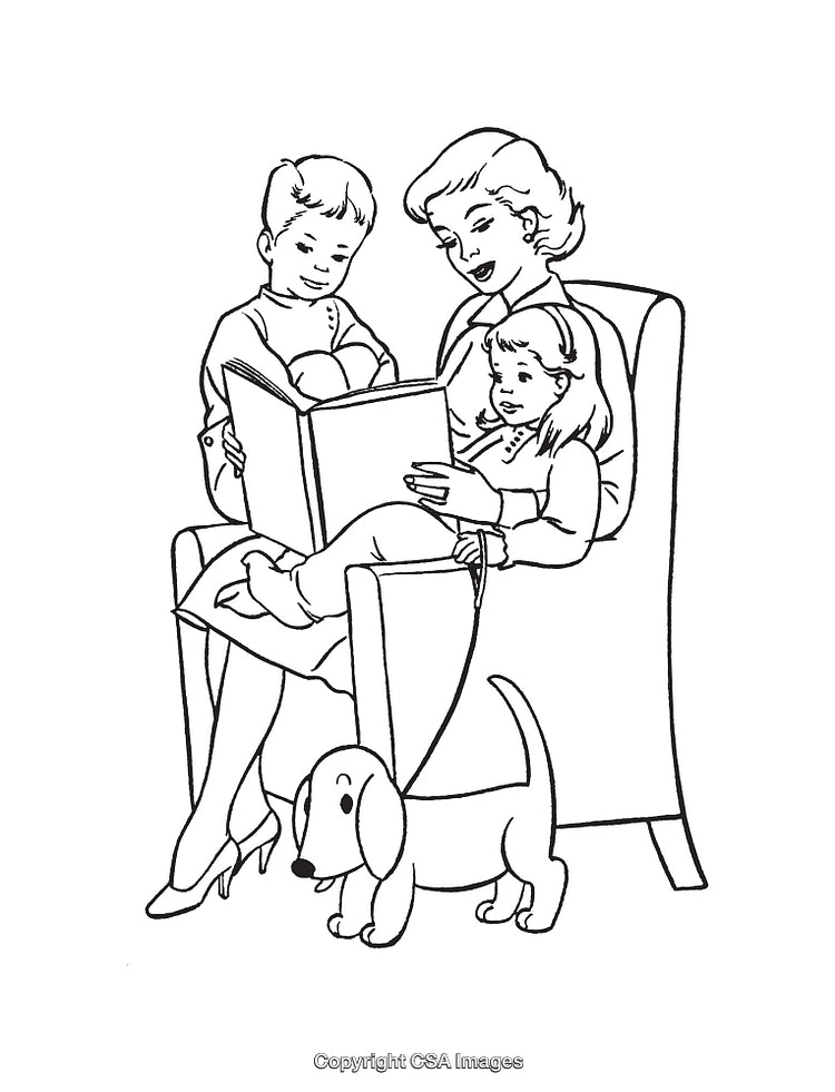 Family Reading Together with Mother and Children in Line Art