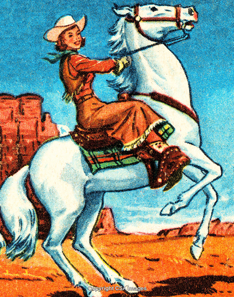Vintage Illustration of a Cowgirl Riding a White Horse in a Desert Landscape