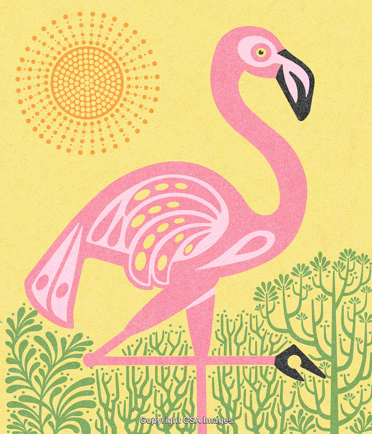 Pink Flamingo Illustration With Sun And Plants on Yellow Background