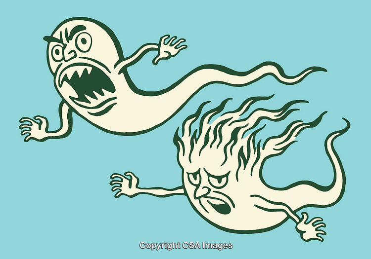 Two Colorful Cartoon Ghosts with Expressive Faces on a Blue Background