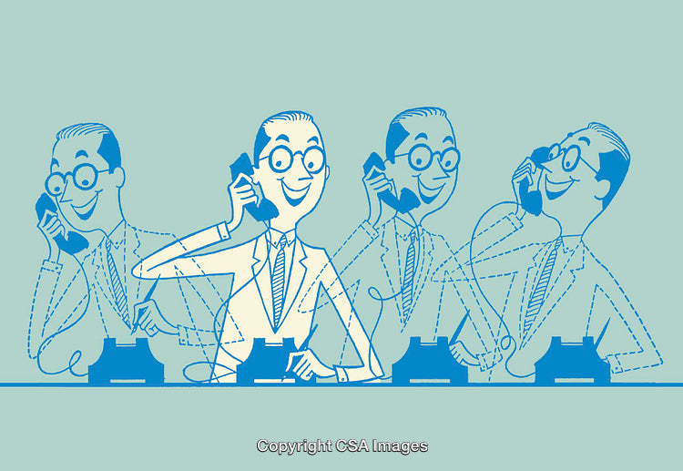 Retro Businessman in Animated Conversations Using Telephones