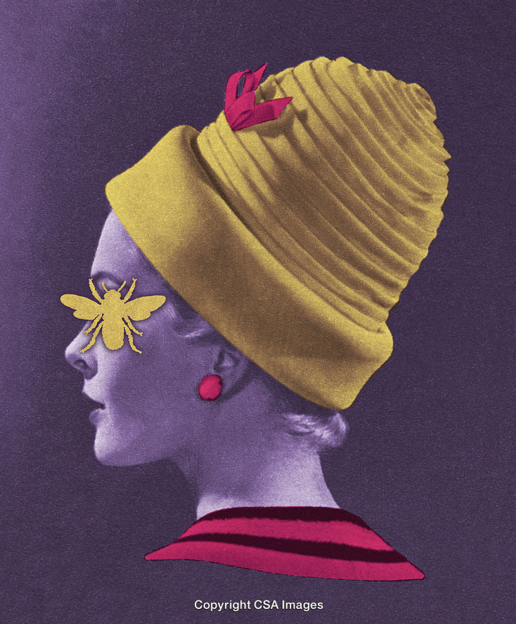 Artistic Profile of Woman in Yellow Hat with Abstract Bee Overlay