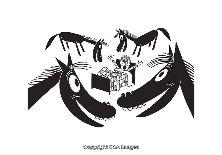 Child Surrounded By Whimsical Horses in Black and White Illustration