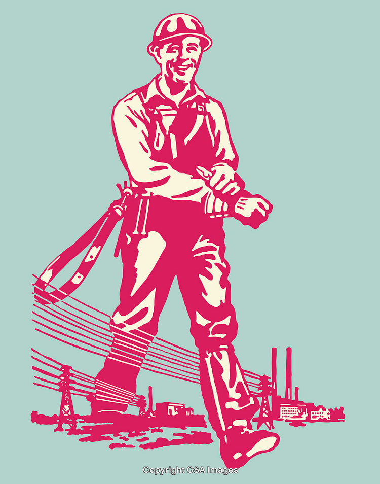 Vintage Industrial Line Art Depicting Worker in Energy Infrastructure Setting