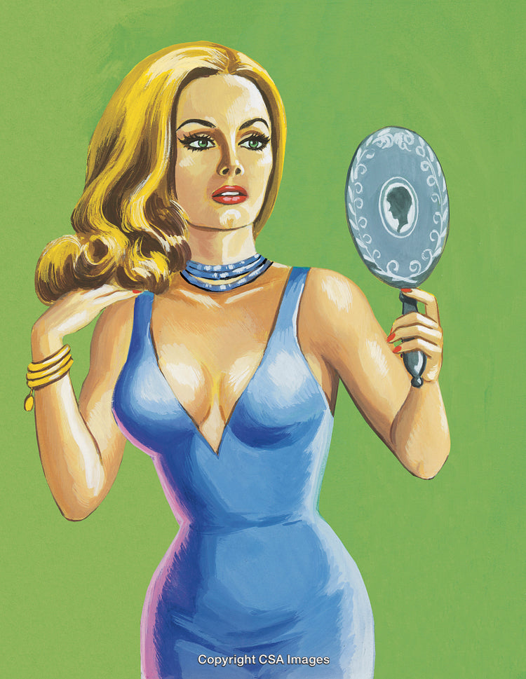 Elegant Woman Holding Mirror in Blue Dress with Vintage Glamour Style