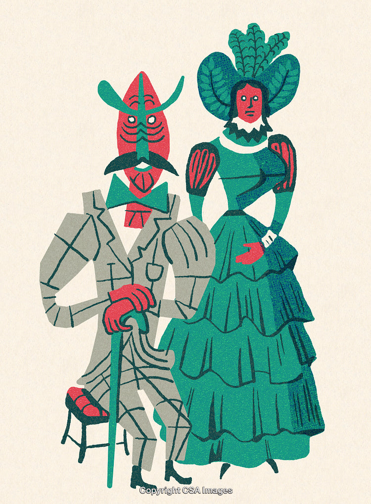 Artistic Illustration of a Couple in Elegant Vintage Attire With Unique Style