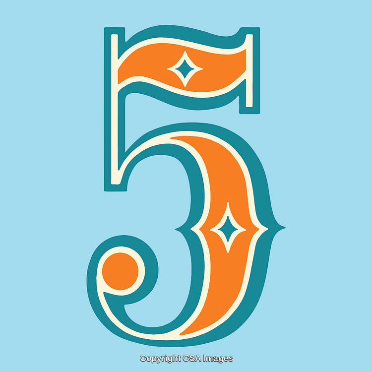 Vintage Styled Decorative Number Five Illustration on Blue Background