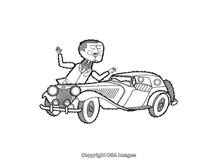 Black and White Line Art Illustration of Man and Vintage Car Scene