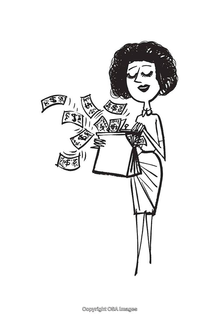 Woman Holding Open Bag with Flying Dollar Notes in Stylish Line Art