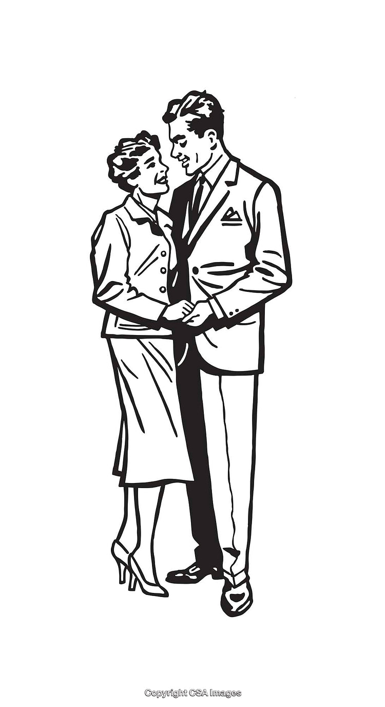 Retro Black-And-White Line Art of a Smiling Couple Embracing
