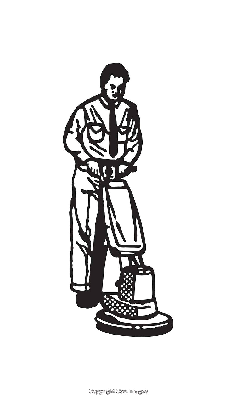 Monochrome Illustration of a Worker Using Floor Cleaning Equipment