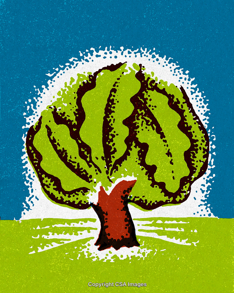 Stylized Illustration of Vibrant Green Tree with Blue Sky and Green Grass