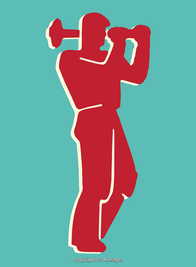 Retro Style Worker Silhouette With Tools on Turquoise Background