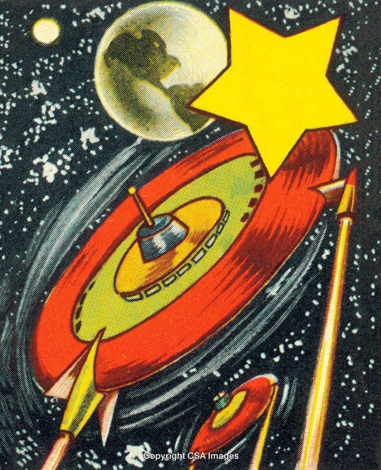 Retro Illustration of UFOs in Space Featuring Earth and a Bright Star