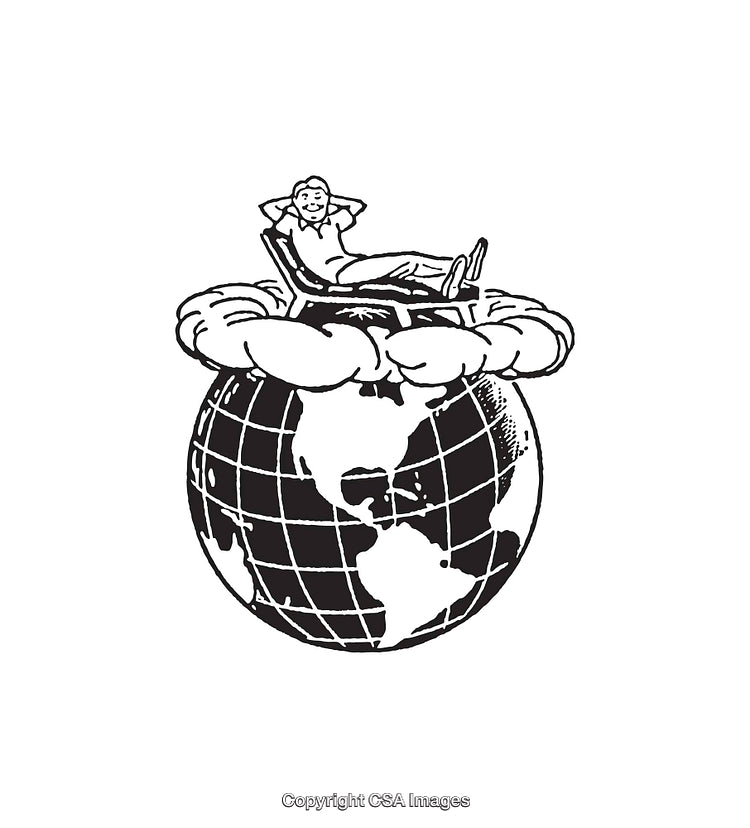 Person Relaxing on Clouds Above a Globe in Line Art Style