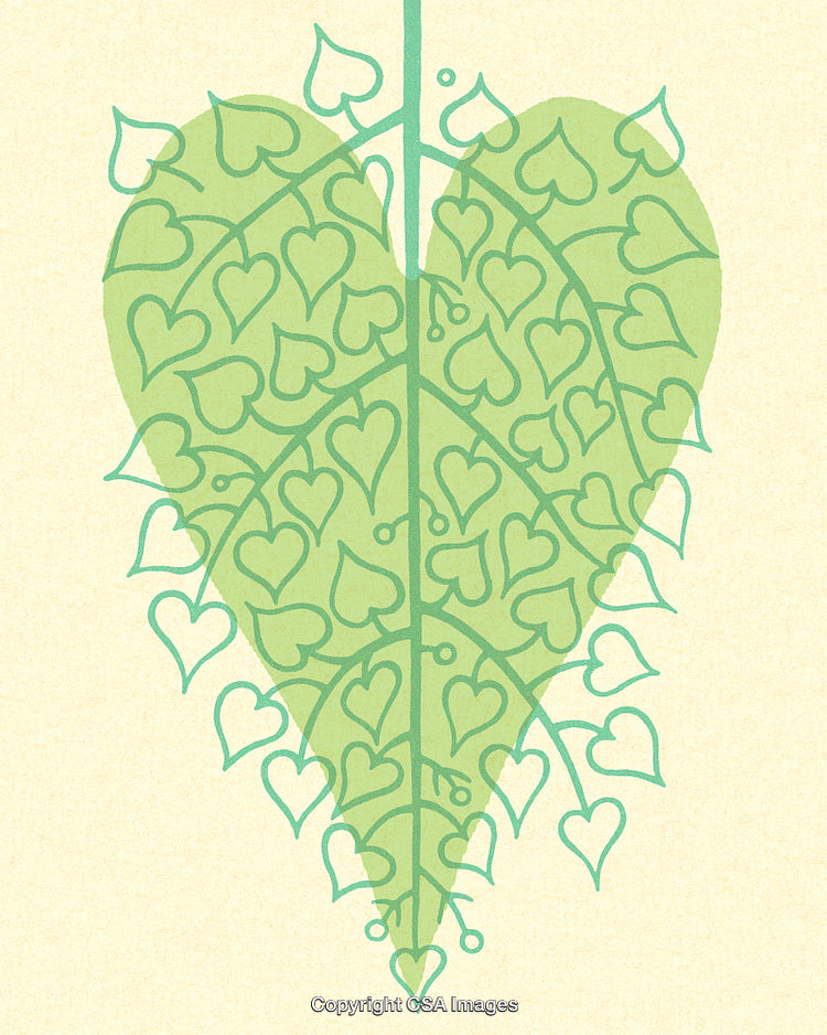 Artistic Depiction of Leaf Design with Heart Shapes in Green on Beige Background