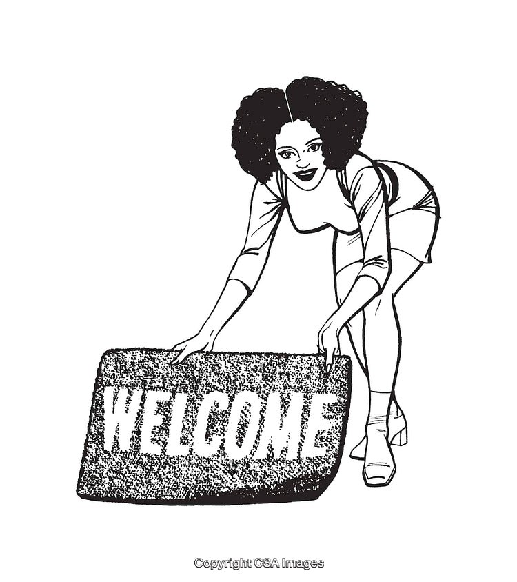 Black and White Illustration of Woman Placing Welcome Mat