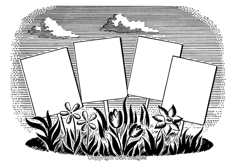 Black and White Engraving of Blank Signs Among Flowers