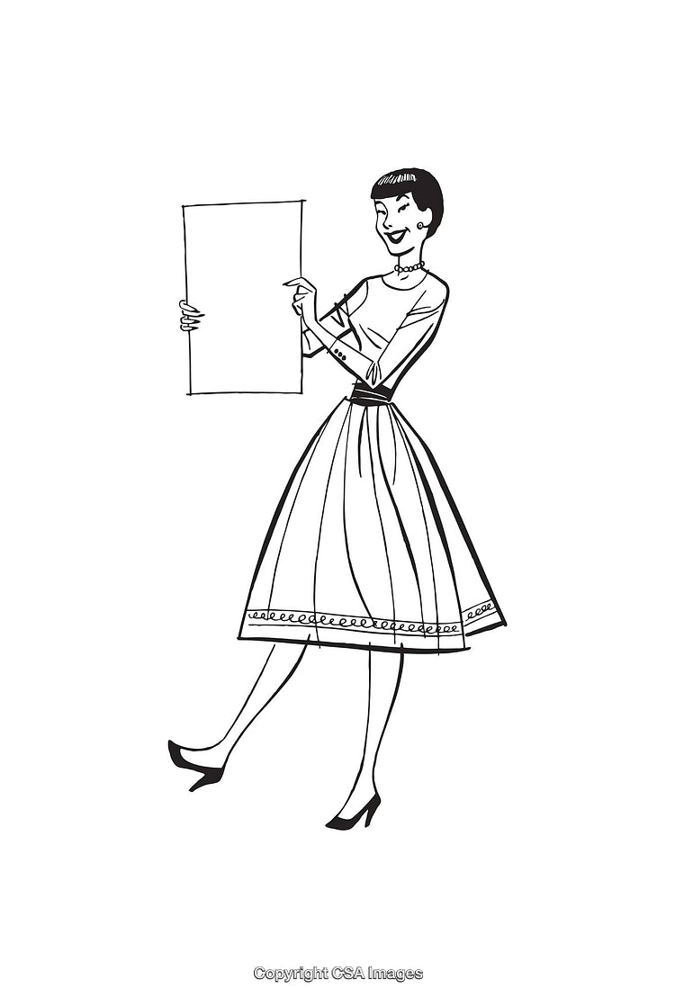 Retro Woman Presenting a Blank Sign in Black and White Line Art Style
