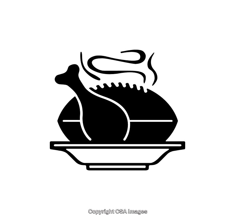 Black And White Illustration of Steaming Roasted Turkey on a Plate