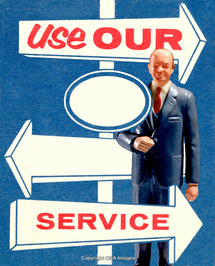 Retro Advertising Scene With Businessman Figure and Signage Promoting Service