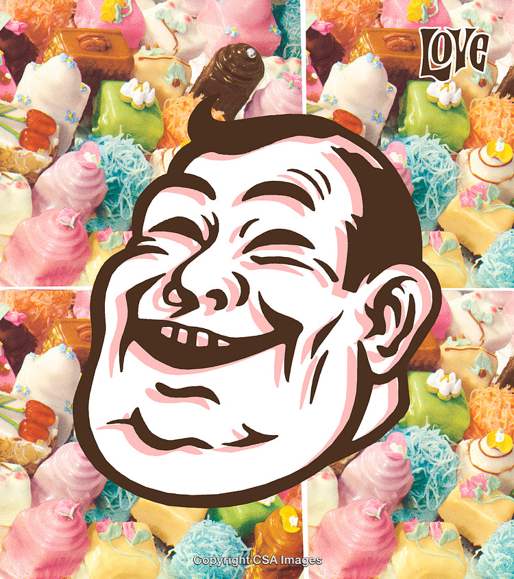 Abstract Graphic Art Collage with Desserts and Smiling Face Illustration