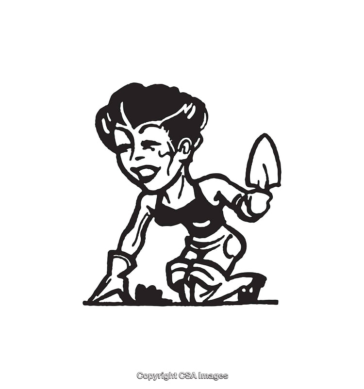 Black and White Illustration of Woman Gardening with Hand Shovel