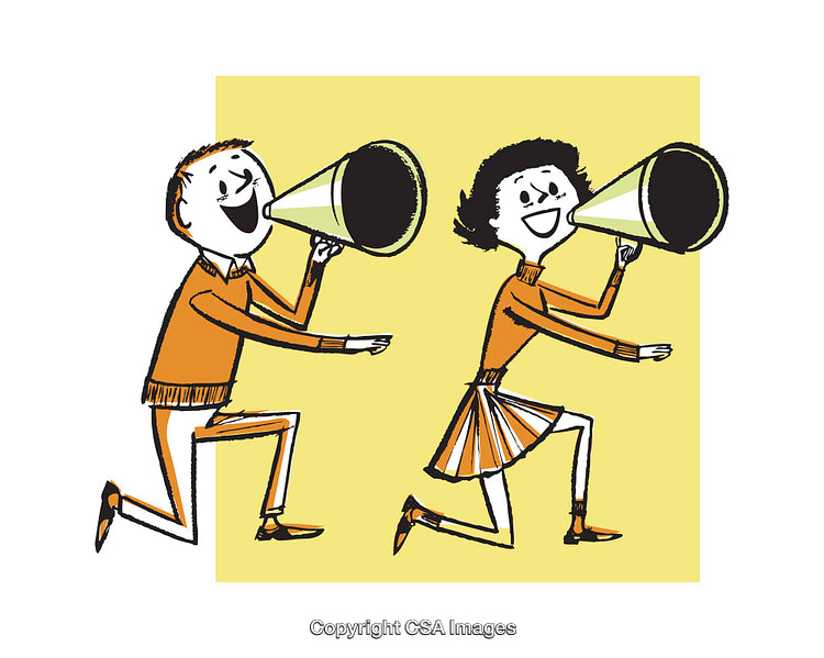 Retro Style Illustration of Two People Using Megaphones to Shout