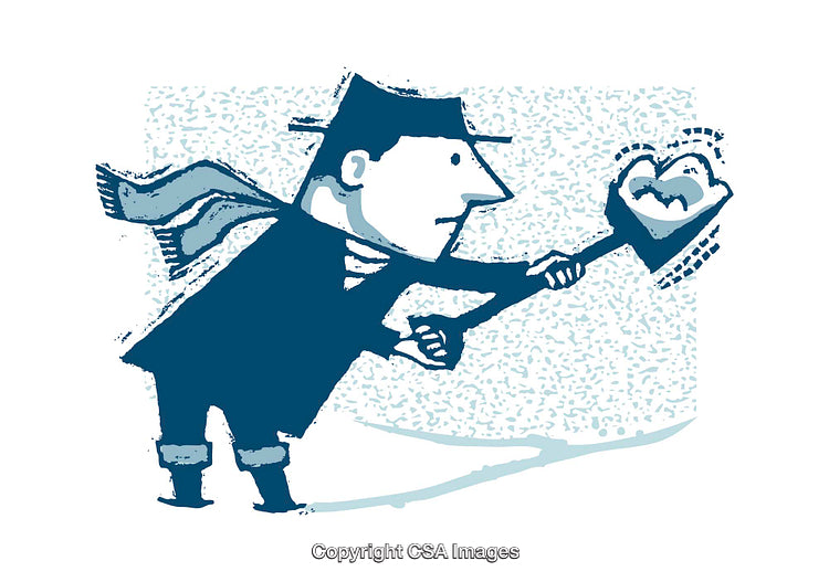 Man Shoveling Snow Heart Illustration in Blue Artistic Style