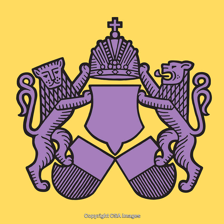 Purple Heraldry Design with Lions and Crown on Yellow Background