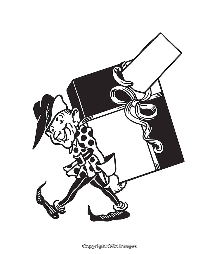 Vintage Line Art of a Character Carrying a Gift Box
