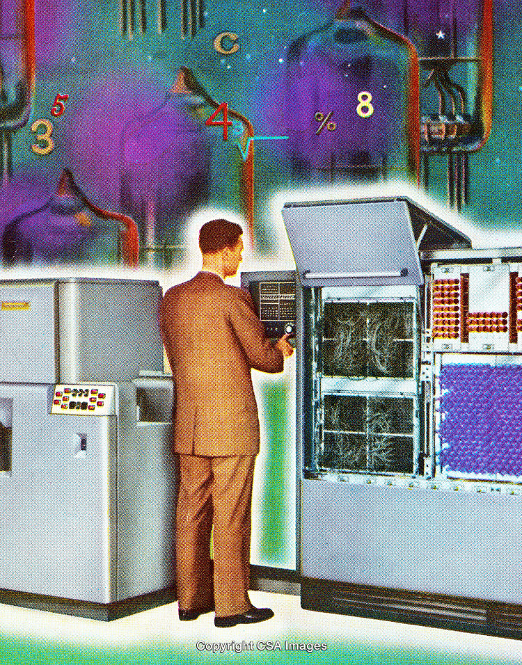 Futuristic Scene of a Man Operating a Vintage Computer System
