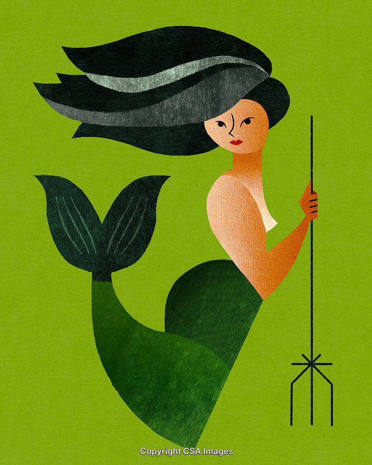 Illustration of a Mermaid with a Trident on a Vibrant Green Background