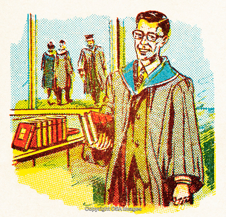 Illustration of a Graduate Holding Books with Graduation Scene in Background