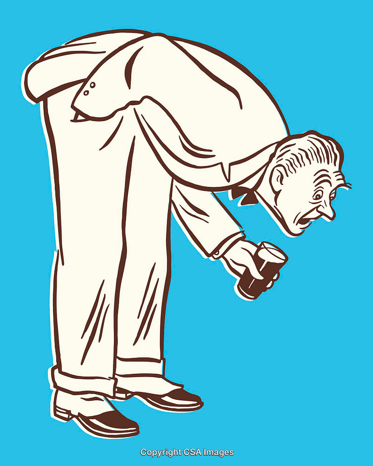 Whimsical Vintage Cartoon of a Man Bending Over Holding a Glass Illustrations