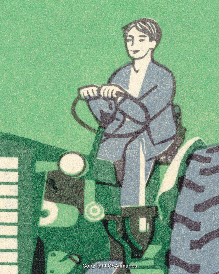 Artistic Illustration of a Man Driving a Green Tractor on a Farm