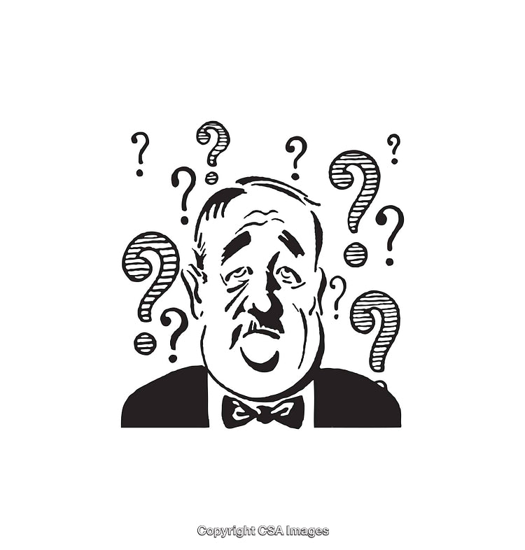 Black and White Illustration of Confused Man Surrounded by Question Marks