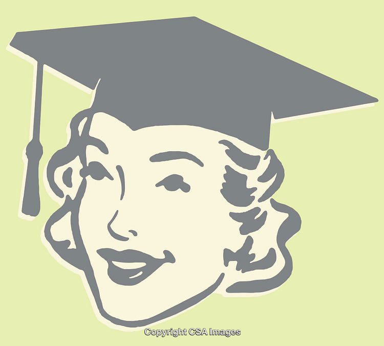 Retro Style Graduate Illustration Featuring a Smiling Woman in Graduation Cap