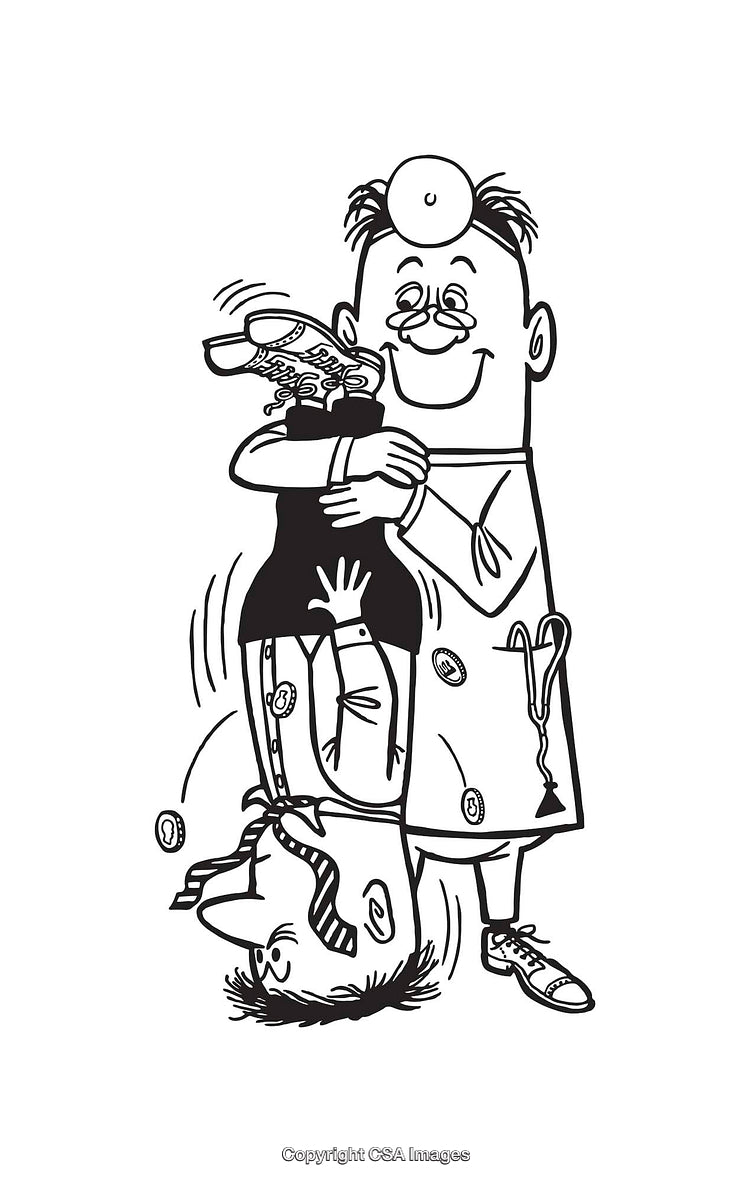 Humorous Line Art of Doctor Shaking Out Coins From a Patient