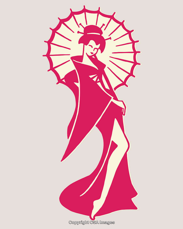 Elegant Geisha Illustration with Parasol in Vibrant Red and Cream Tones