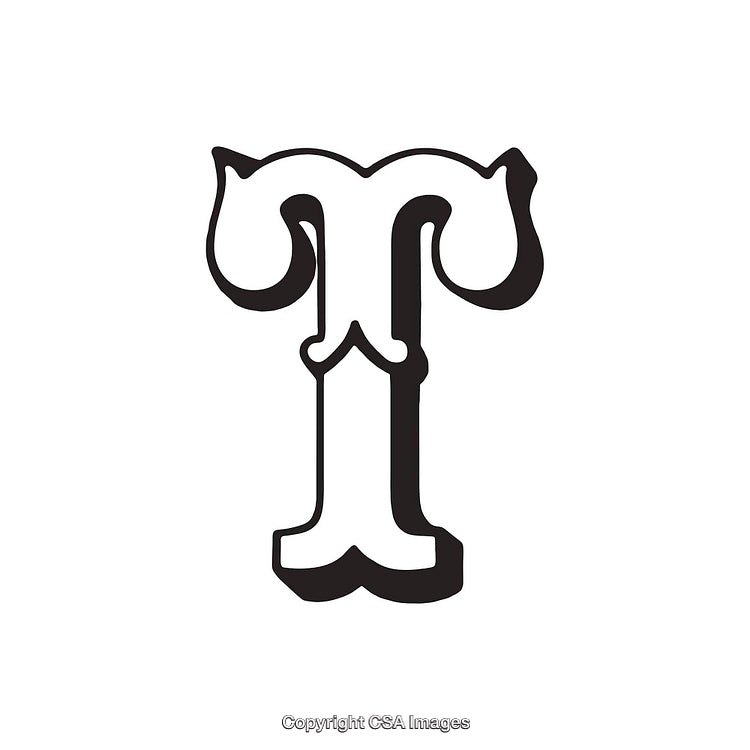 Stylized Monochrome Letter T with Bold Decorative Design