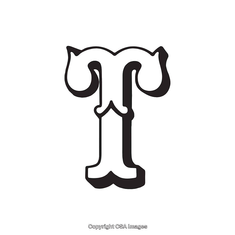 Stylized Monochrome Letter T with Bold Decorative Design