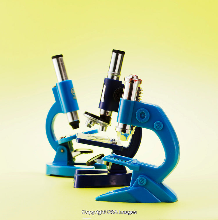 Three Blue Toy Microscopes on a Bright Yellow Gradient Background